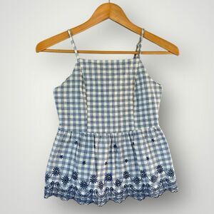 Blue Rain Blue and White Gingham Embroidered Peplum Cami Top